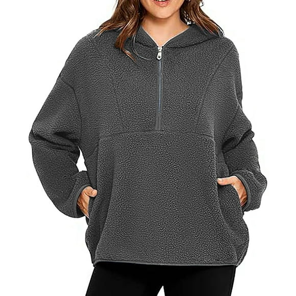 Fgnfyis Women's Hoodies Quarter Zip Lamb Wool Hoodie Pullover Sweatshirt with Hood for Winter Warmth Grey XXL
