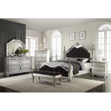 Glam Black Silver & Mirror Queen Poster Bedroom Set 5Pcs McFerran B1722 Modern