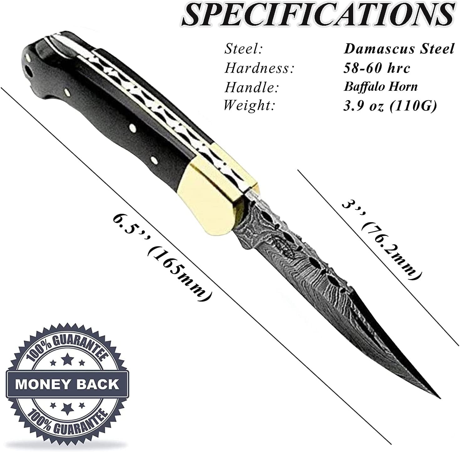 Best.Buy.Damascus1 Pocket Knife Set, Buffalo Horn Damascus Steel Hunting Knives, 3 in Blade, Black