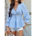 thumbnail image 6 of Women'S Wrap V Neck Puff Long Sleeve Blouse Top Puff Sleeve Ruffle Hem Casual Spring Summer T-Shirt Top Blue M, 6 of 8