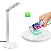 LED Desk Lamp with 10W Qi Fast Wireless Charger, Dimmable Adjustable Folding Bedside Table Lamp - 4 Lighting Modes – 5 Level Dimmer Touch - Sensitive Control - Timer Poweroff for Kids Students (White)