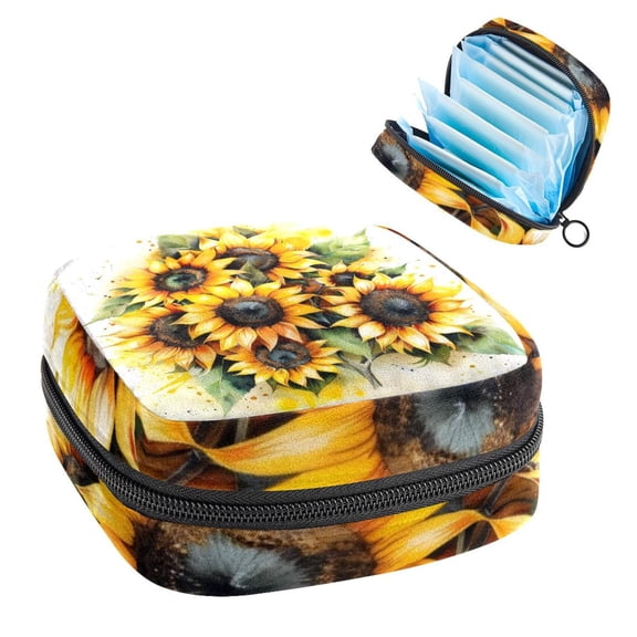 Sanitary Napkin Storage Bag for Girls Women, Portable First Period Pads Bag Tampons Holder Girls Travel Makeup Bag, Large Capacity Sunflowers Bouquet Watercolor