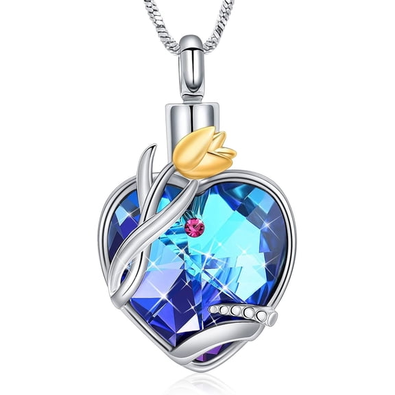 Tulip Flower Cremation Jewelry Crystal Heart Urn Necklace for Women Mom Memorial Ashes Keepsake Necklace of Loved One