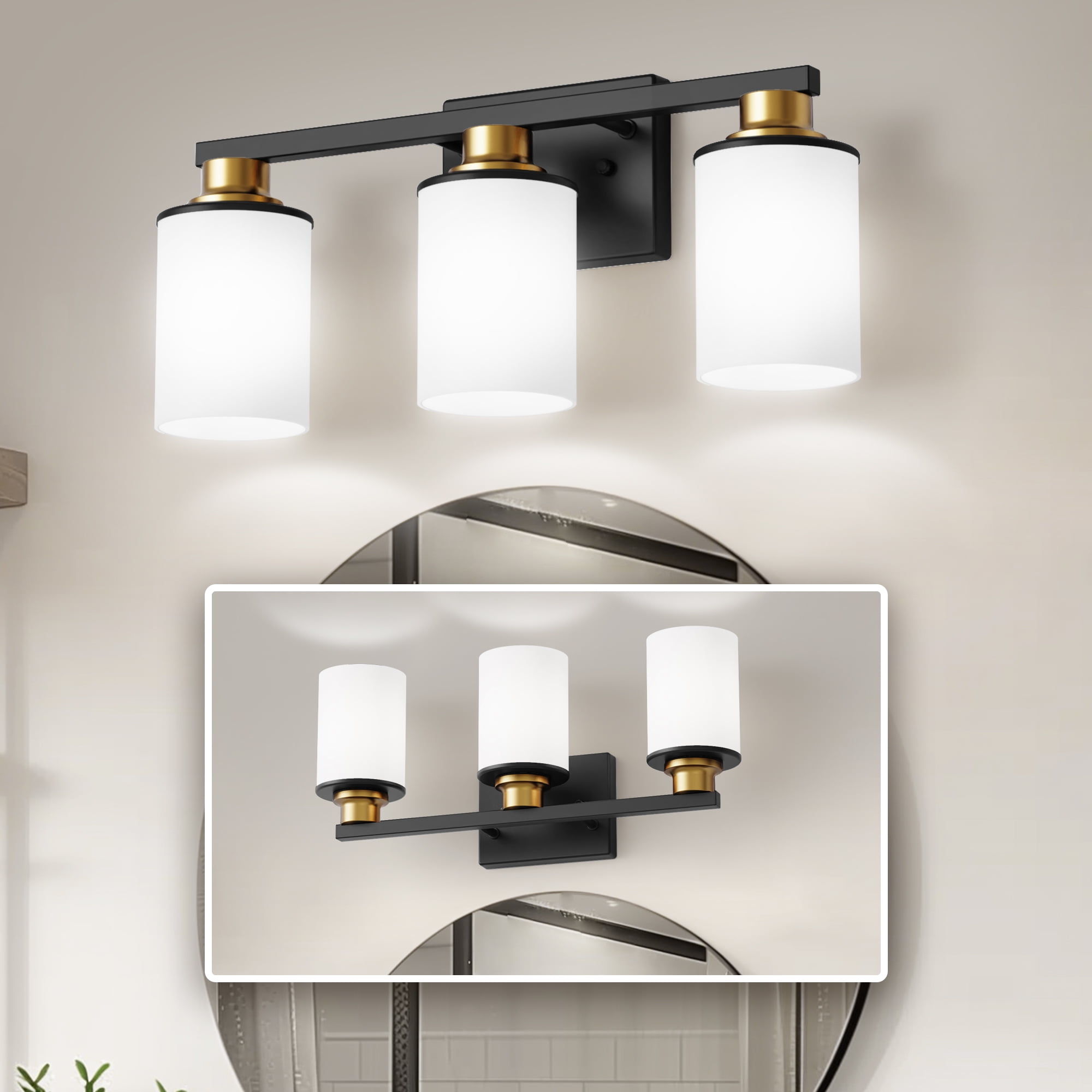 YANSUN 19.7" 3-Light Vanity Light, Black Gold Modern Bathroom Mirror Light with Frosted Glass Shades for Bathroom, Hallway