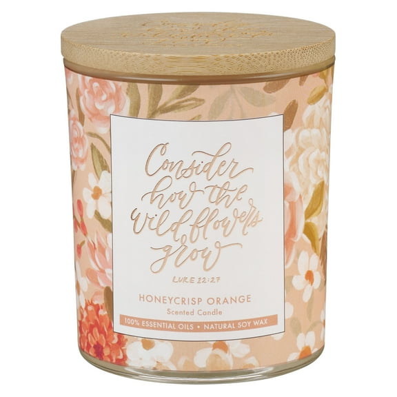 Christian Art Gifts Natural Soy Wax Essential Oil Infused Scented Glass Jar Candle for Women: Wildflowers Grow Inspiring Scripture, Wood Lid, Clean Cotton Wick, Pink Florals, Honeycrisp Orange Scent