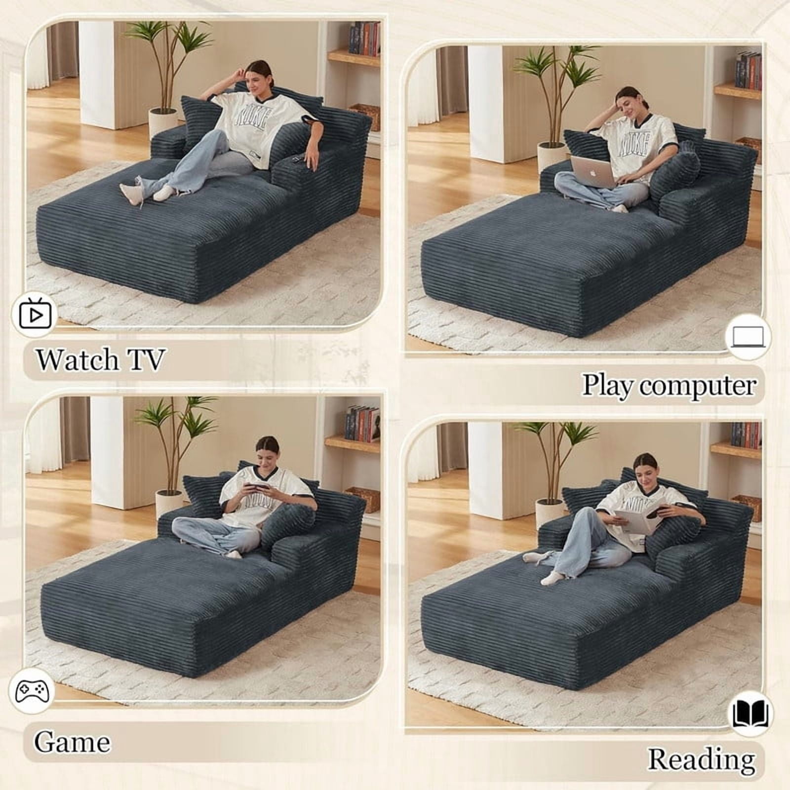 Oversized Chaise Lounge Chair Indoor, 78.7" Extra Deep Boneless Corduroy Lounge Couch Bed with 3 Pillows, Single Seat Reading Chairs for Living Room,Bedroom,Apartment