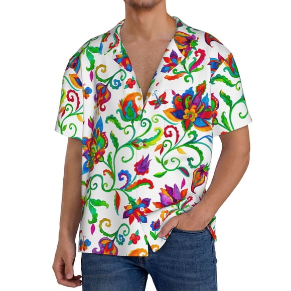 Vsdgher Paisley Print Men's Cuban Shirt, Hawaiian Shirts, Business Casual Button Down Shirts, Short Sleeve Shirt-Medium