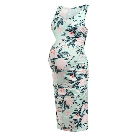 

asdoklhq Maternity Dress Women Sleeveless Pregnant Dress Flower
