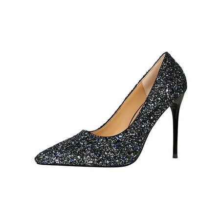 

GENILU Women Lightweight Non-Slip Heeled High Heel Comfort Slip On Stiletto Heels Walking Sparkling Blue 7.5