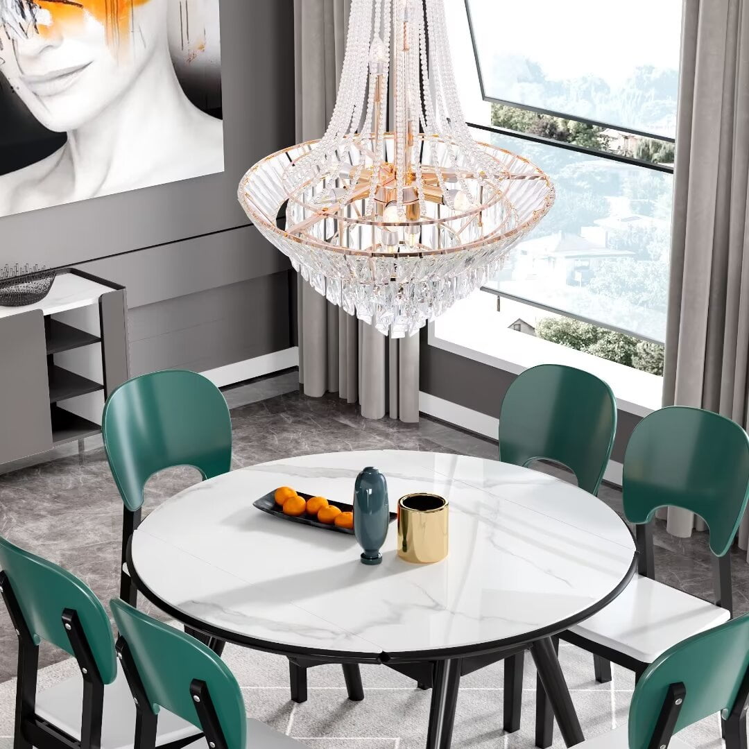 FINE MAKER French Empire Crystal Chandelier, High Ceiling Modern Chandelier, Gold Chandelier Fixture for Dining Room, Living Room (23″W x 53″H)