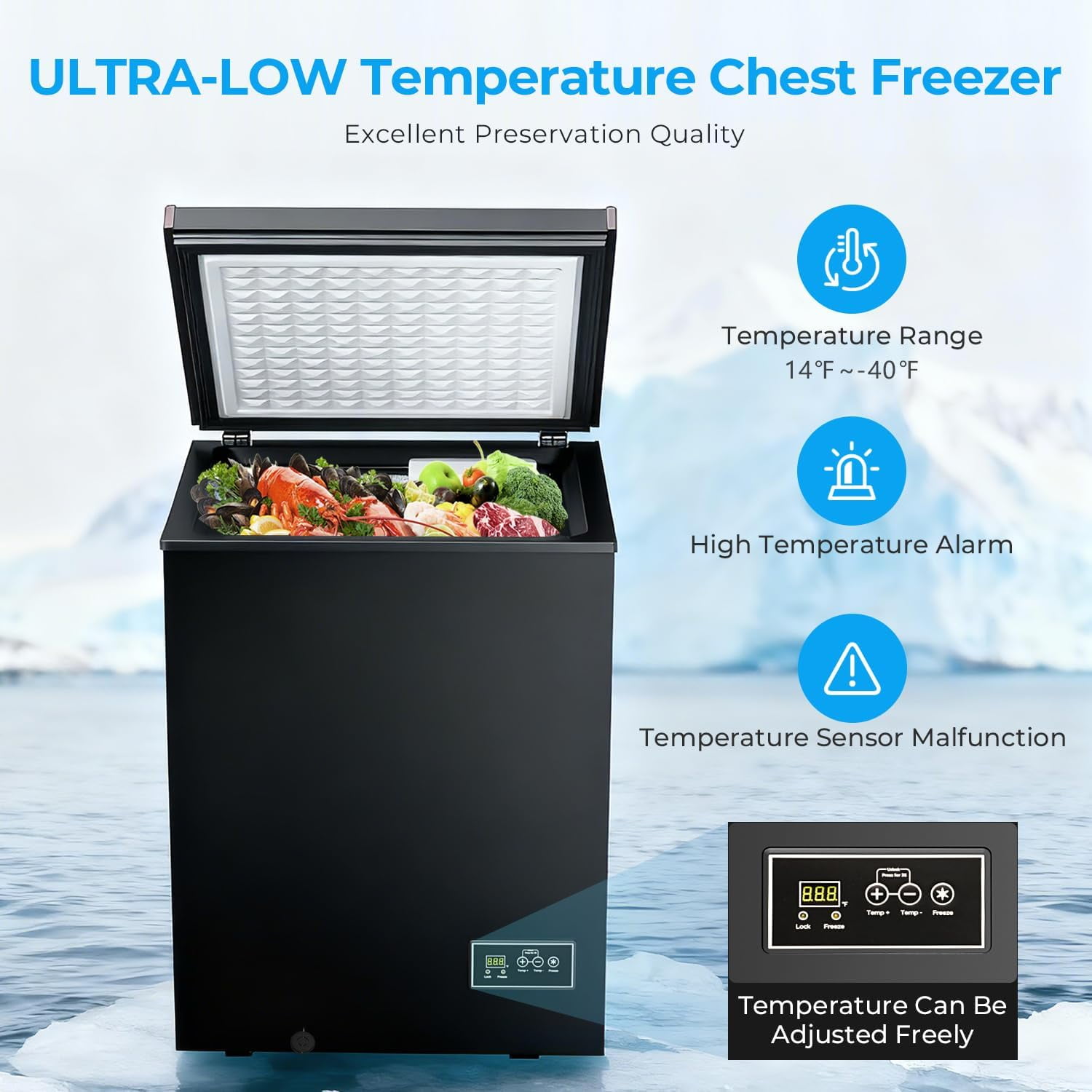 WAA 3.2 Cu.Ft Deep Freezer 14℉ to 40℉ Low Temp,Removable Basket,Freestanding for Home (Black)