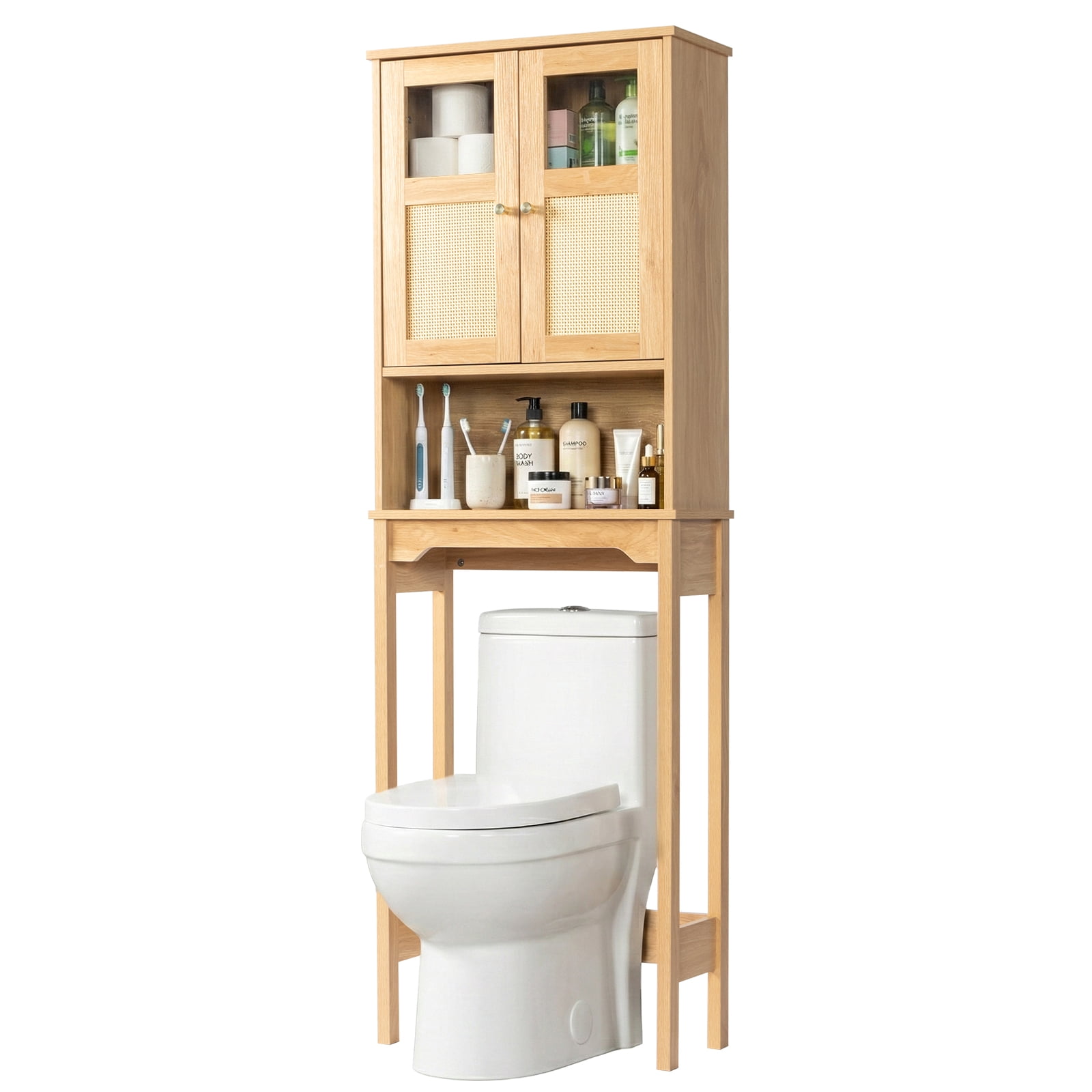 2-Door 3-Tier Toilet Cabinet Particleboard Melamine-Faced Bathroom Vanity Bathroom Cabinet with Rattan Surface, 23.62*8.66*66.93in Natural Wood