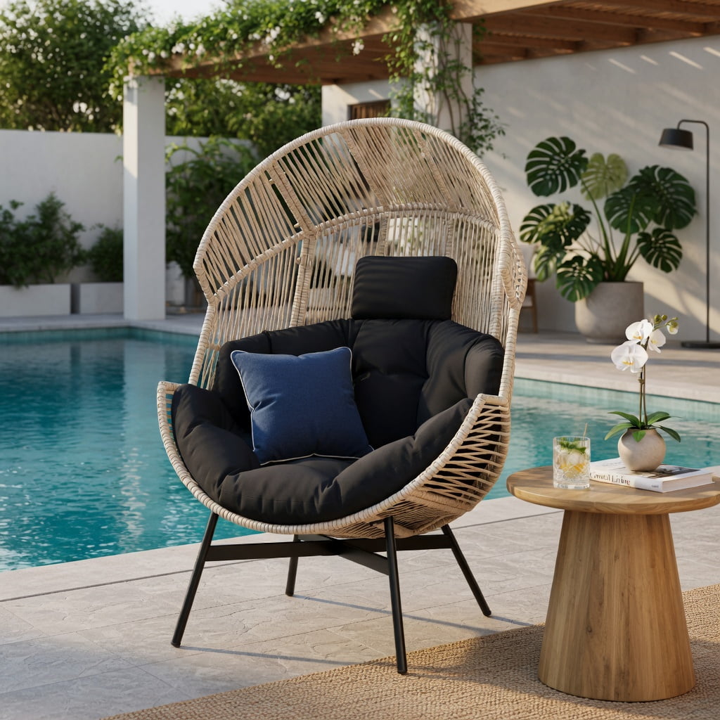 Hommoo Oversized Wicker Egg Chair with Thick Cushions, Headrest, and Heavy-Duty Metal Frame, Indoor/Outdoor Lounge Seating, Black