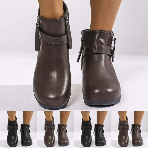 LOVZFMLL Boots for Women Ankle Booties Side Zipper Round Toe Slip Resistant Low Wedge Heel Dual Buckle Leather Fall Winter Fashion