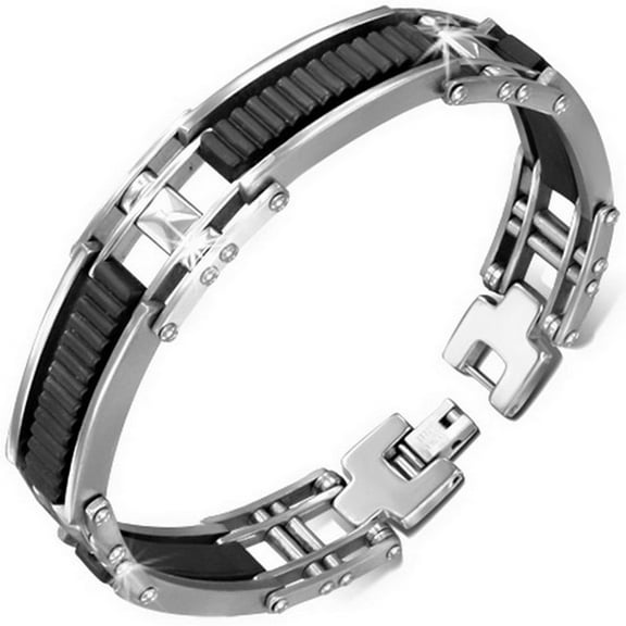 Stainless Steel Silver-Tone Black Rubber Silicone Mens Link Bracelet with Clasp