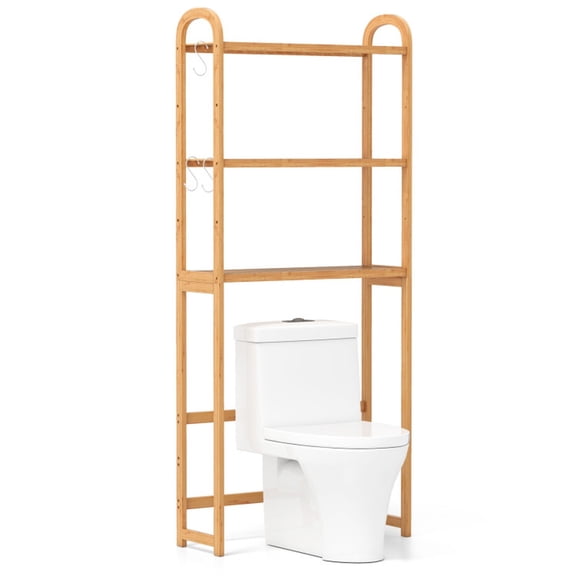 SUGIFT 3 Tier Bamboo Over the Toilet Storage Organizer with 5 Position Adjustable Shelves 3 Removable Hooks and Adjustable Bottom Bar for Bathroom, Natural