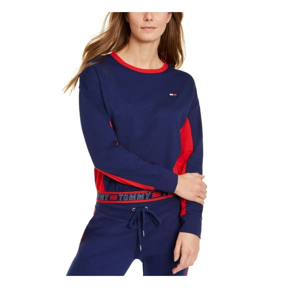 TOMMY HILFIGER Womens Blue Color Block Long Sleeve T-Shirt Size: L