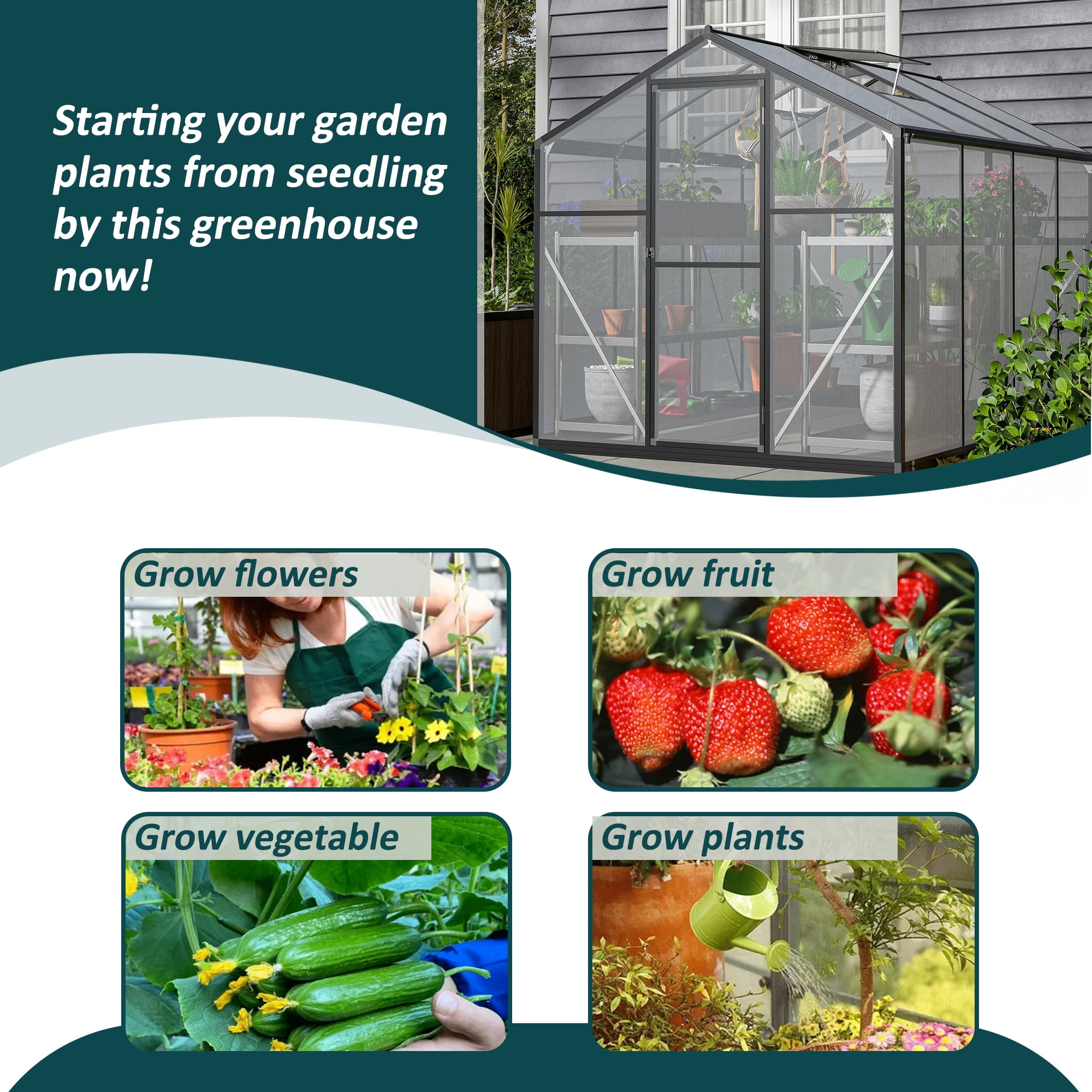 Jaxilyn 6' x 8' Greenhouse for Outdoors, Walk-in Polycarbonate Greenhouse with Quick Setup Structure and Roof Vent, Aluminum Large Greenhouse for Outside Garden Backyard