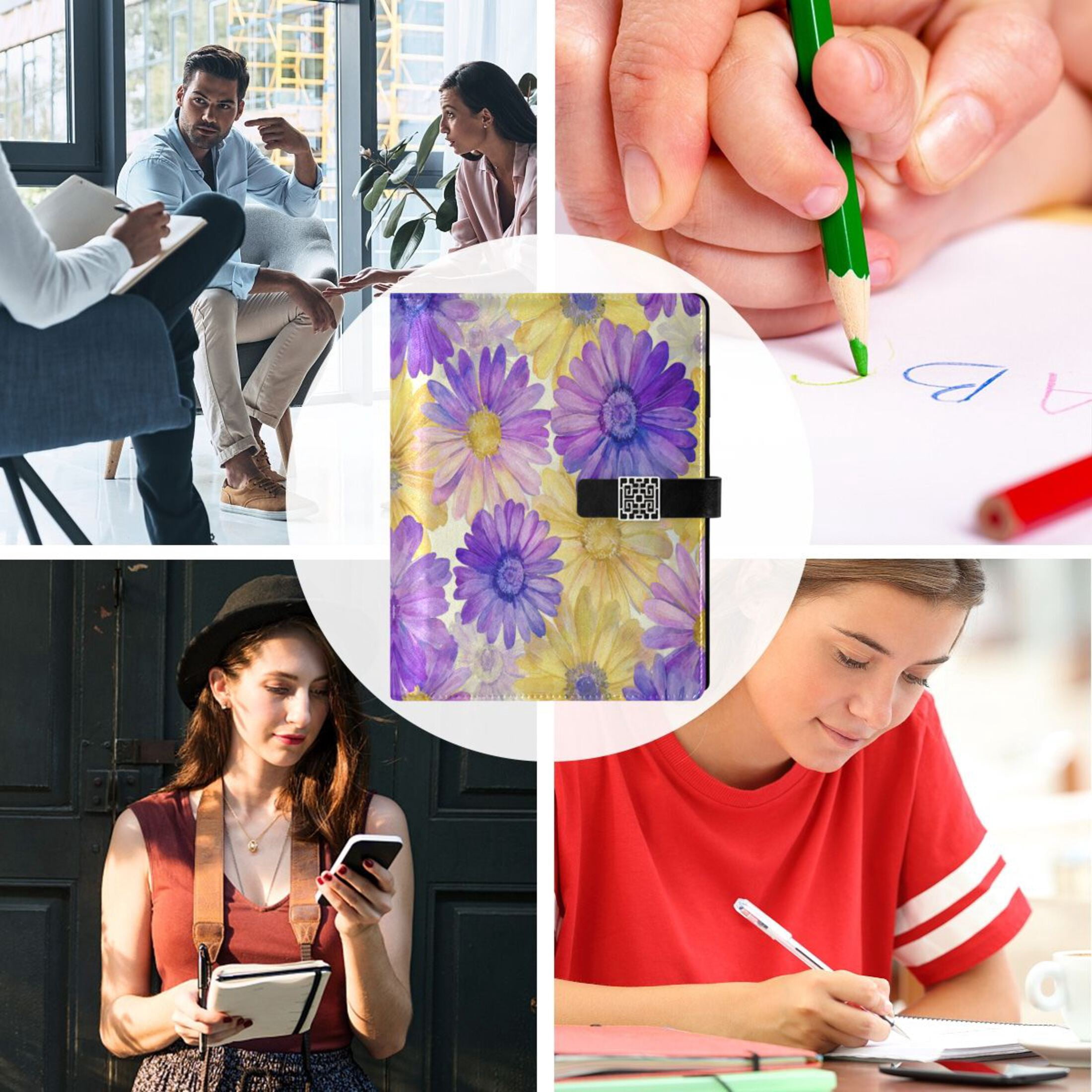 Leather Planner Leather Notebook Notebook Journal Binder Design Pen Pocket Design Convenient for Storage Vibrant Purple Daisy Pattern