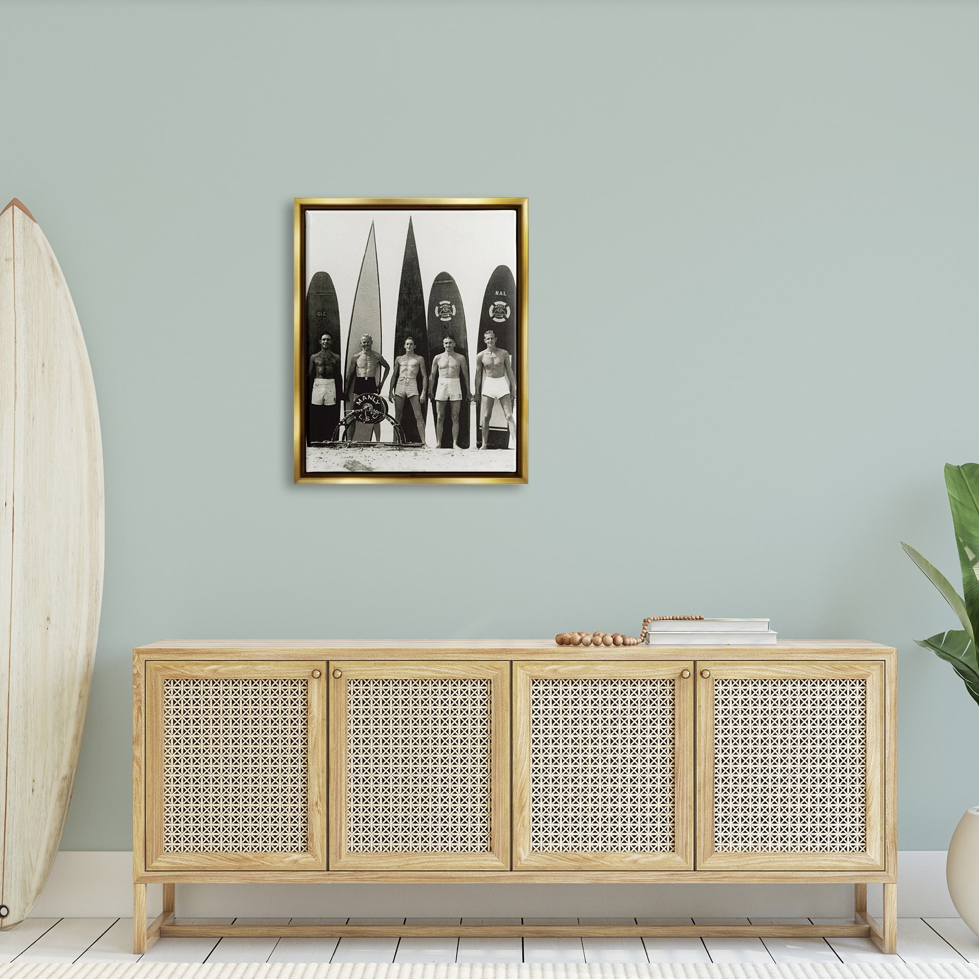 Stupell Industries Vintage Photography Men Surfer Surfboards Beach Sport Photograph Metallic Gold Floating Framed Canvas Print Wall Art, Design by Graffitee Studios