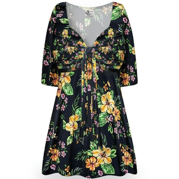 Plus size 1x Extra Tall Women Tunic Casual Black Floral Elegant Draw-Tie V-Neck Loose Babydoll Shirt Blouse