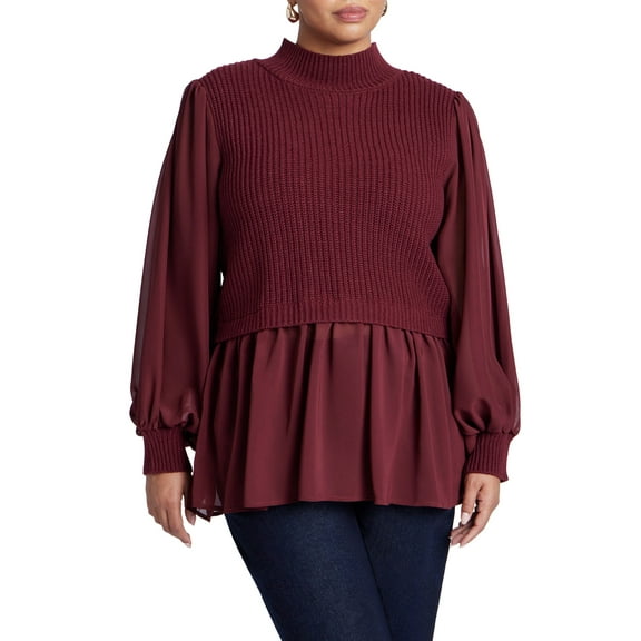 ELOQUII Women's Plus Size Twofer Sweater With Chiffon