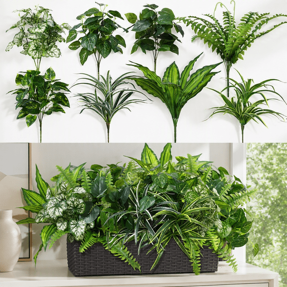 8 Pcs Faux Fake UV Resistant Greenery Large Bunches Plastic Plants for Outside Spring Summer Patio Garden Porch Yard Home Decor