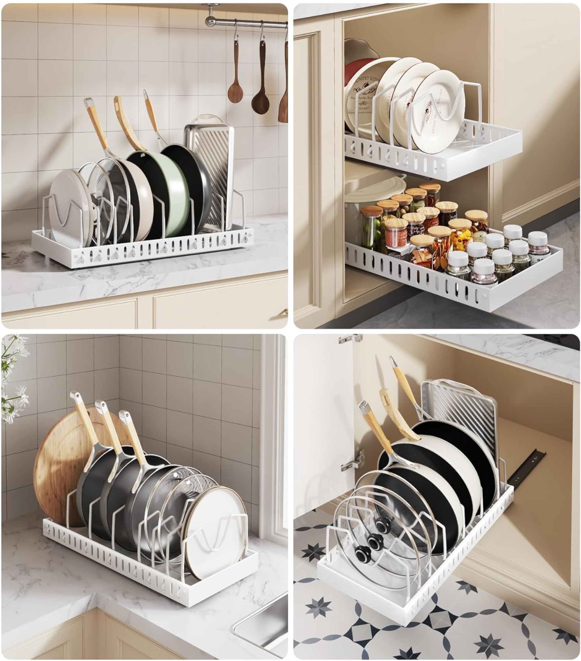 2-Pack Pull Out Pots and Pans Organizer for Under Cabinet, Sliding Pot Lid Holder and Pan Rack with 8 Adjustable Dividers, No-Drill Slide Out Kitchen Storage for Cookware, Bakeware, Dishes