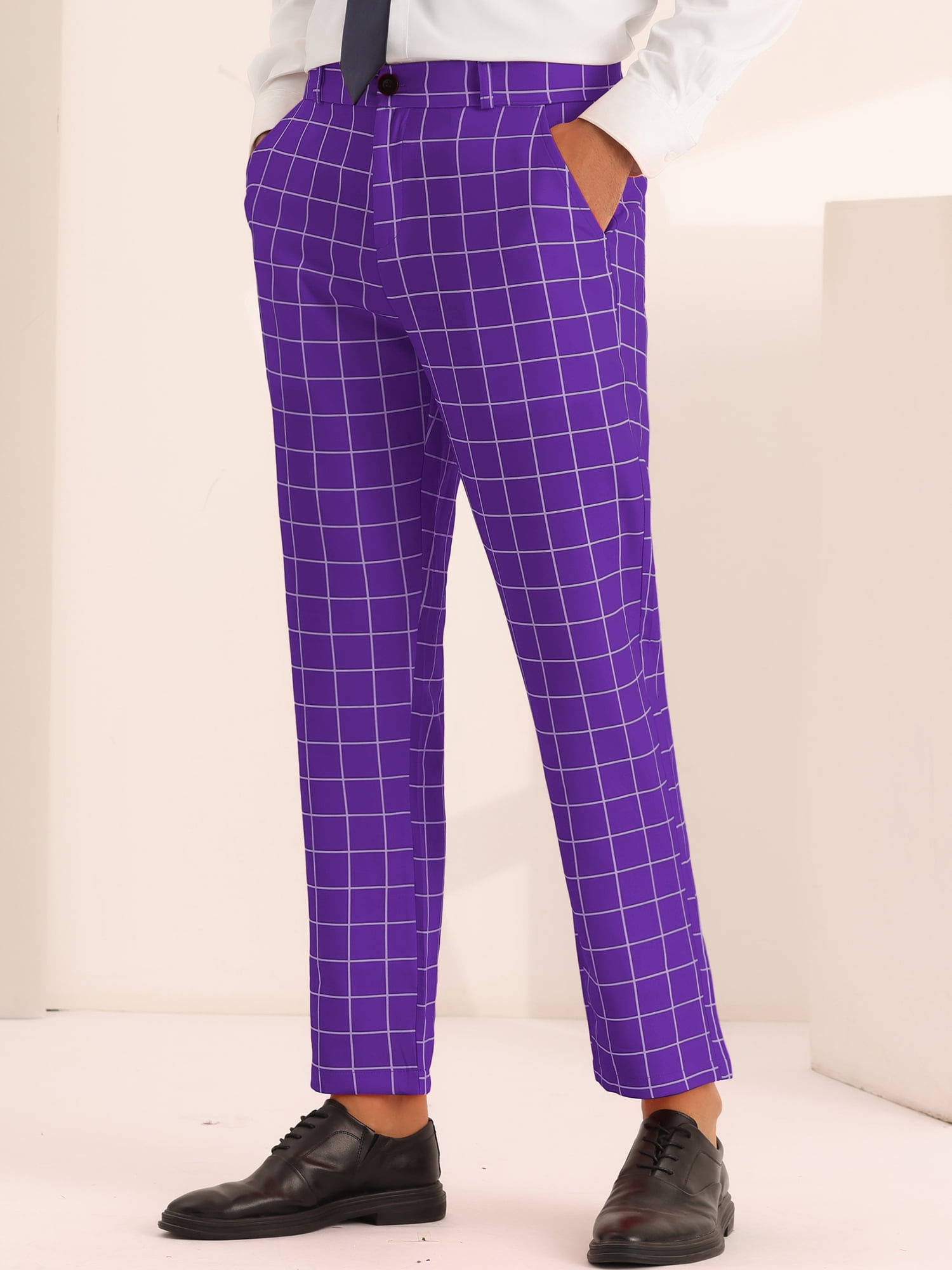 Unique Bargains Men's Plaid Pants Slim Fit Business Checked Printed Dress Trousers 36 Purple