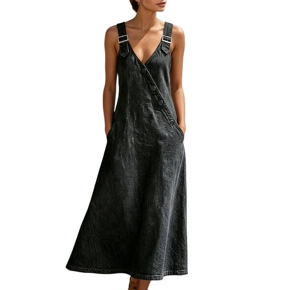 Women Summer Dresses Women's Collar Button Denim Dress V Neck Sleeveless Loose Fit Casual Long Dress Overalls Solid Black L