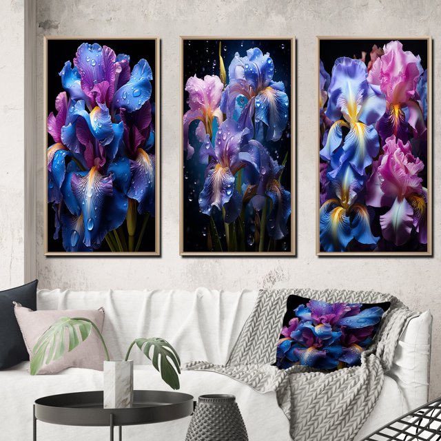 Designart "violet Blue Iridescent Irises" Floral Framed Wall Art Set Of 3 - Purple Irises Frame Gallery Wall Set For Home Decor