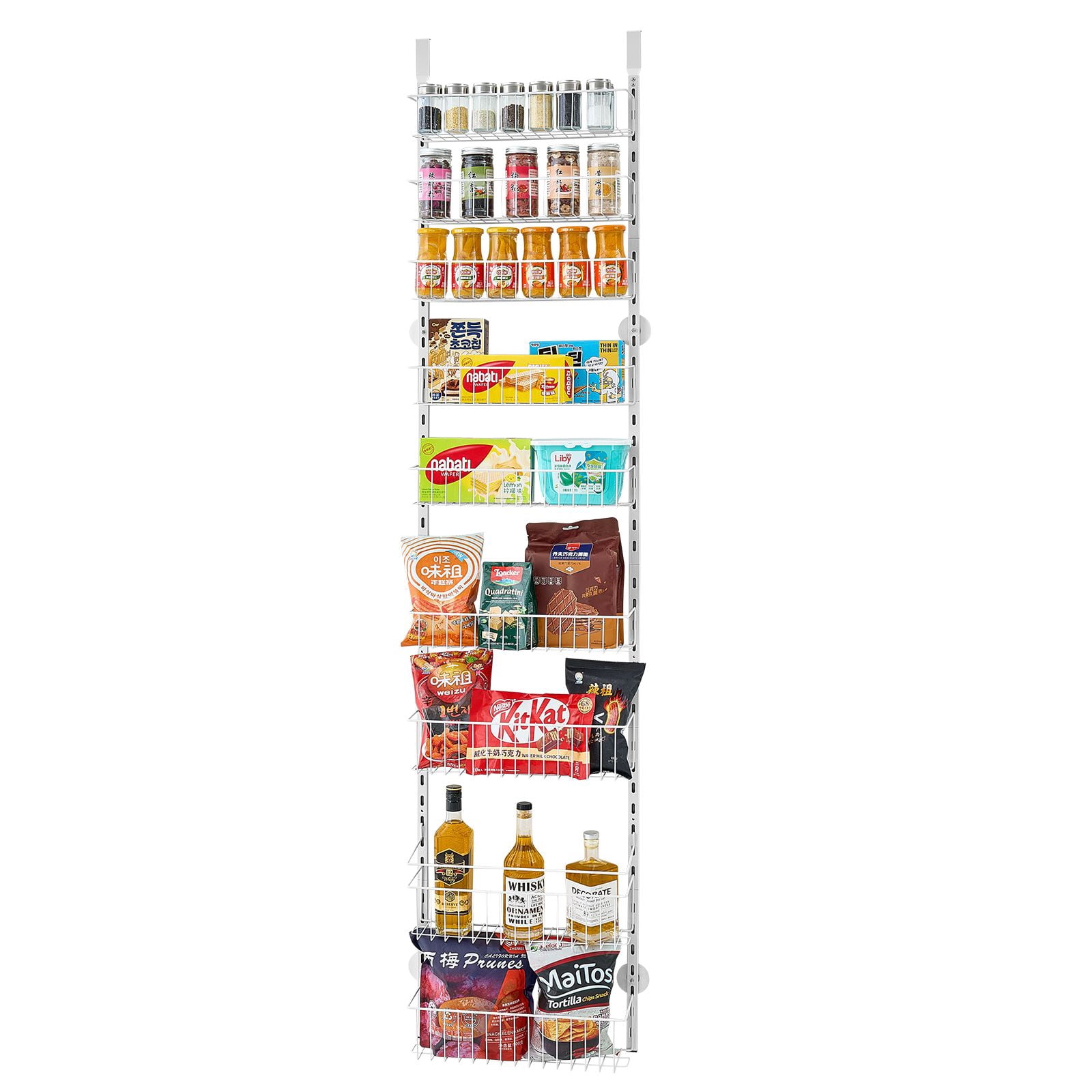 9-Tier Over The Door Pantry Organizer, Heavy-Duty Steel, Adjustable Baskets, 29.8 lbs Capacity, White, for Kitchen Laundry Bathroom