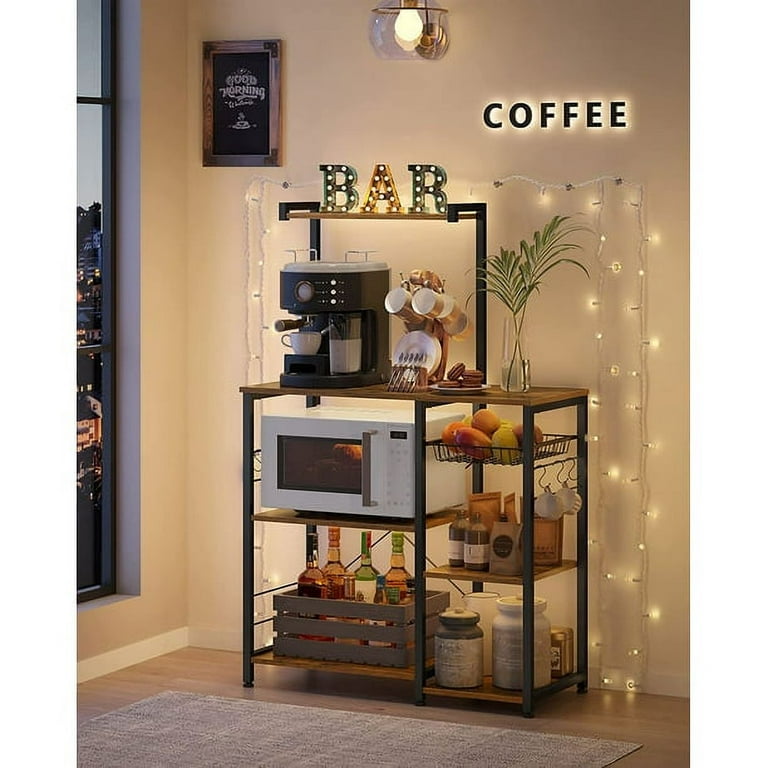 Baker's Rack, Coffee Station, Microwave Oven Stand, Kitchen Shelf with Wire  Basket, 6 S-Hooks