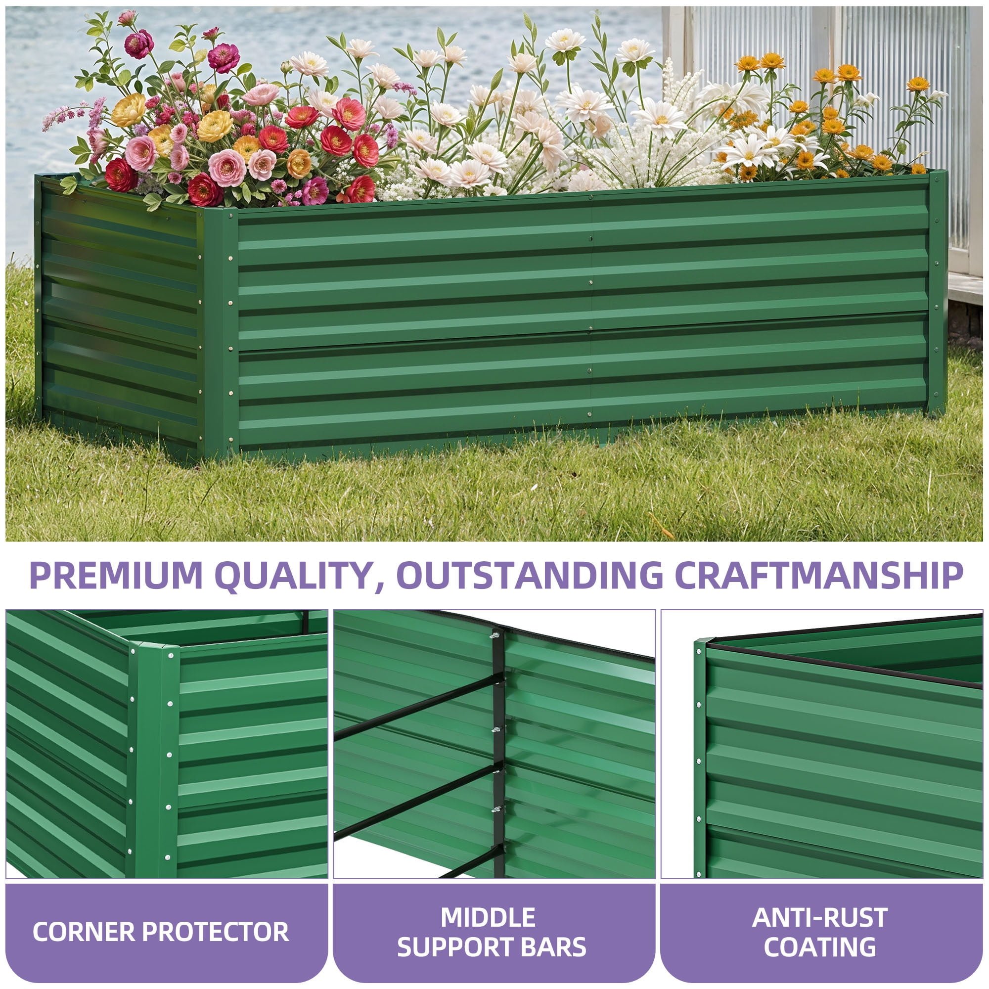 Uforic 6X3X2FT 1 Pack Galvanized Metal Raised Garden Bed Kit with Support Rod & Gardening Gloves, Outdoor Above Ground Planter Box for Plants Vegetables Flowers, Green