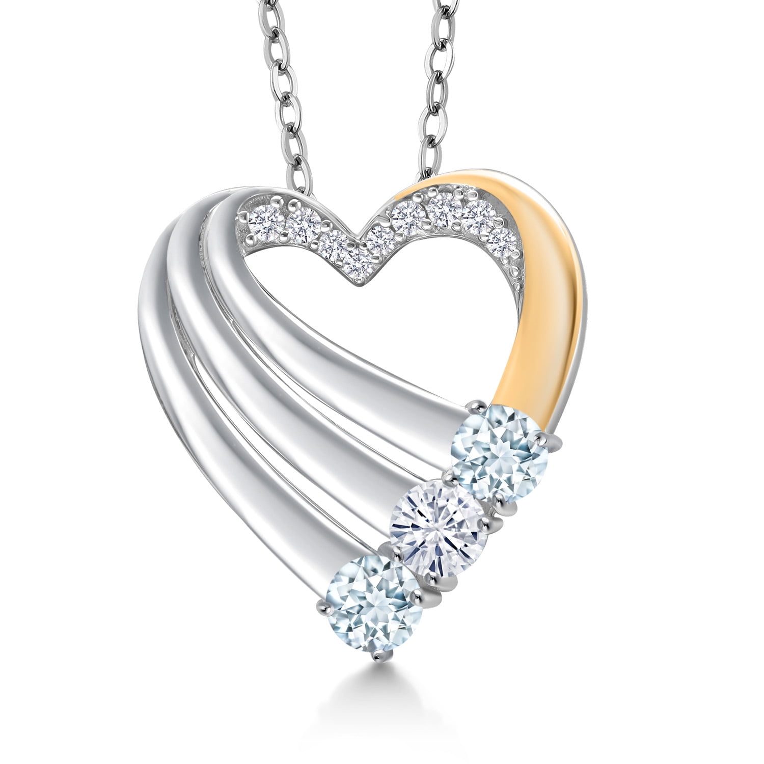 Gem Stone King 925 Silver and 10K Yellow Gold Sky Blue Aquamarine and Moissanite and White Lab Grown Diamond Heart Pendant for Women | 0.83 Cttw | Gemstone March Birthstone | With 18 inch Chain