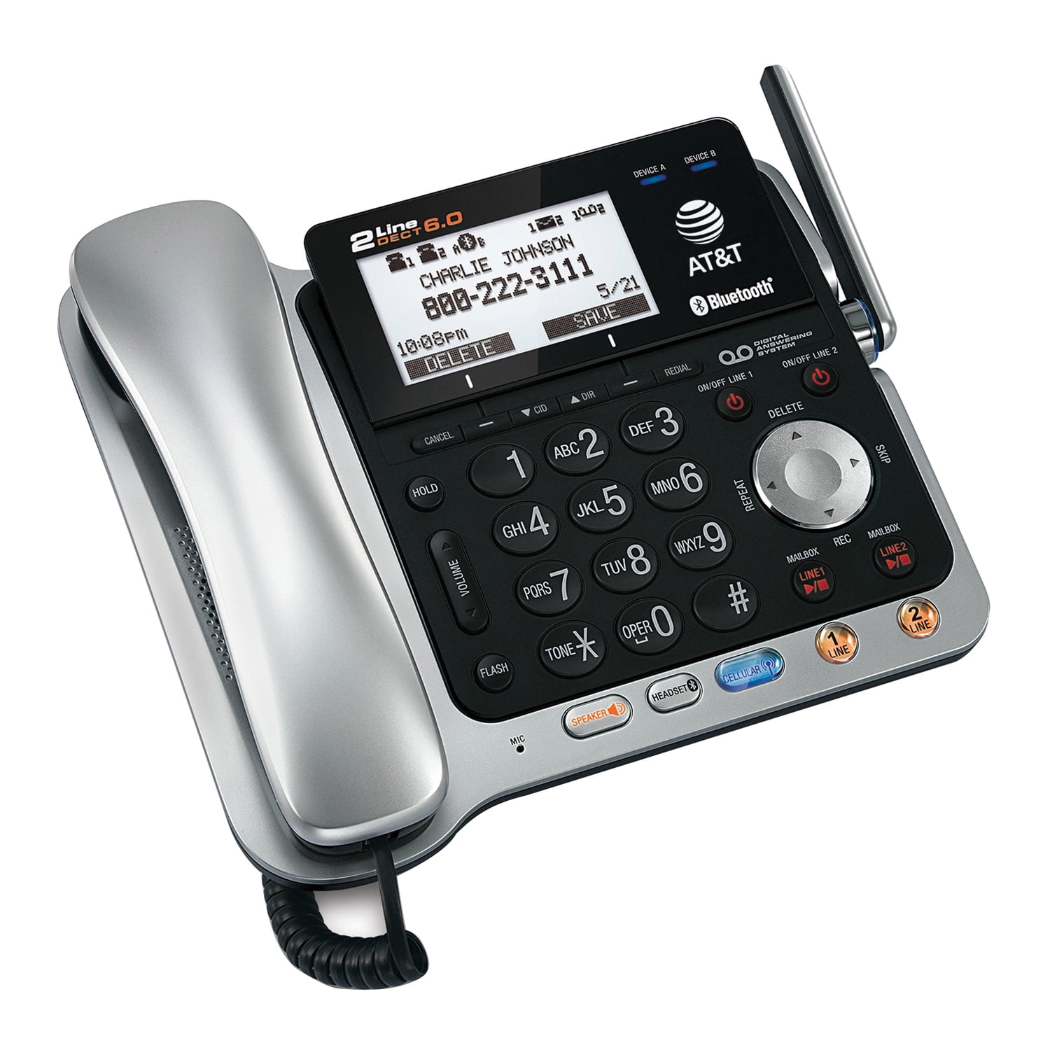AT&T DECT 6.0 Connect to Cell 2-Line 2-Handset Expandable Corded/Cordless Phone System with Caller ID & Call Waiting, Black & Silver, TL86109