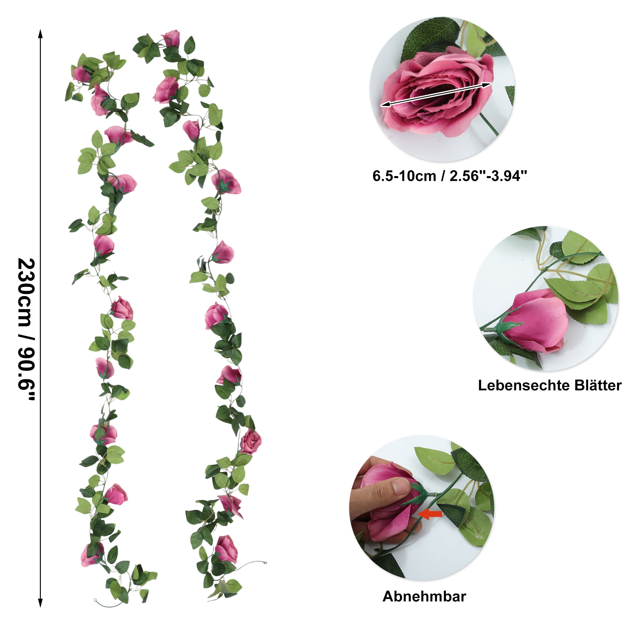 Unique Bargains 2pcs Artificial Flowers Hanging Vine 90.55" Rose Vine Garland Pink