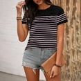 thumbnail image 3 of Tsesme Women's Round Neck T-Shirt Stripe Printed Short Sleeve T-Shirt Fashion Casual Versatile Tee Daily Wear ,Pinks,M, 3 of 6