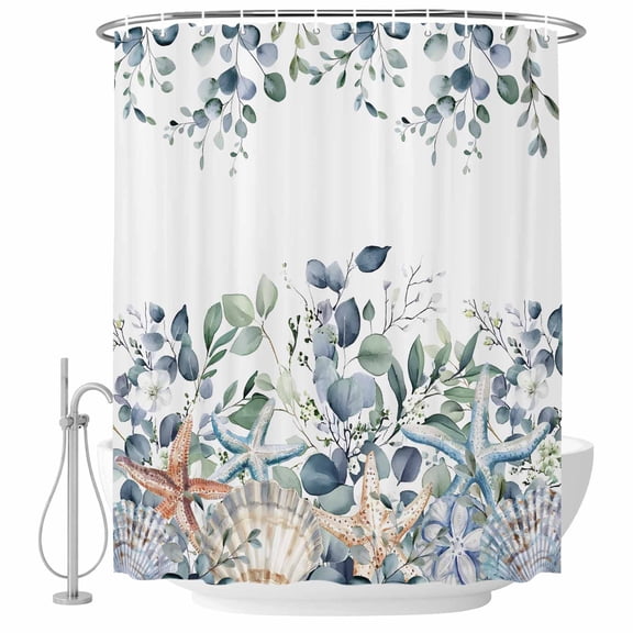 Xipuska Spring Eucalyptus Coastal Shower Curtain - Water Repellent Fabric Shower Curtains Washable, Summer Blue Starfish Shell Decorative Polyester Cloth Bathroom Curtains Modern Bath Decor 72"x72"