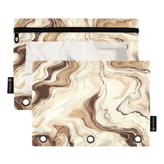 2 Pack 3 Ring Binder Pouch with Clear PVC Window Water Resistant Zipper Pencil Pouch Cream Brown Marble Background Binder Pocket for Classroom Office Home Stationery Organization