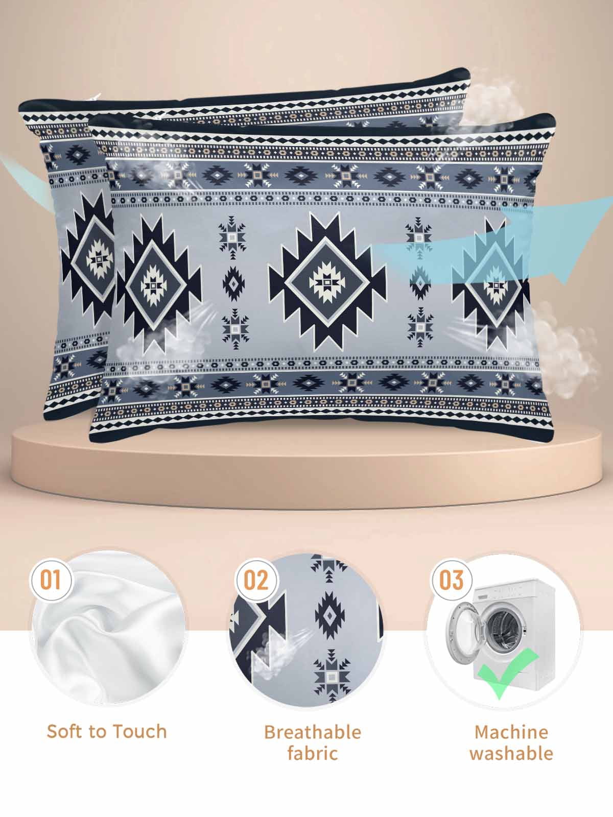 Blue Aztec Pillow Cases King Size Set of 2, Smooth Satin Pillowcase for Hair and Skin, Boho Southwest Farmhouse Ethnic Motifs Decorative Cooling Bed Pillow Covers with Zipper, 20x36 Inches
