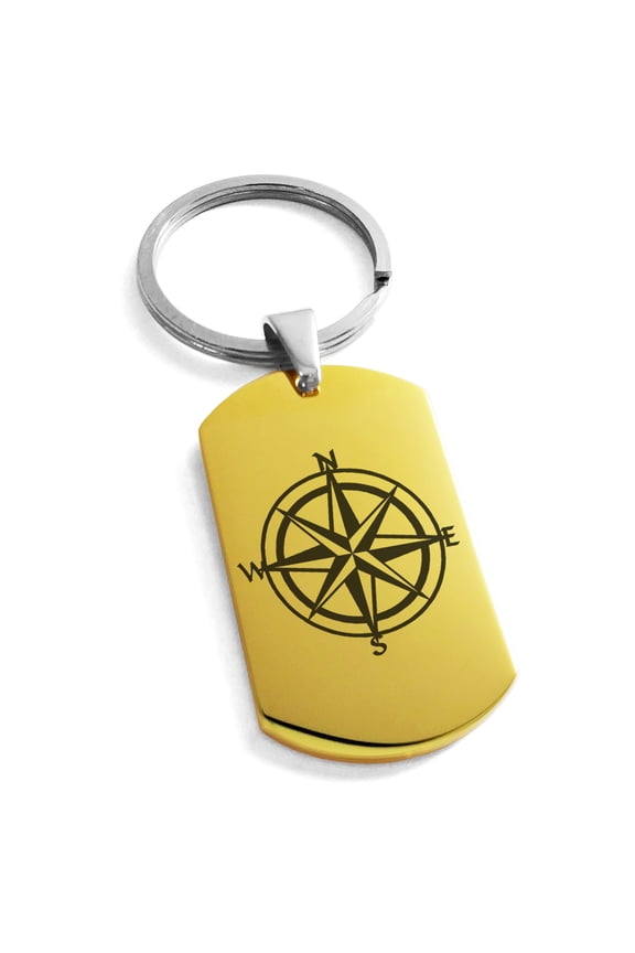 Stainless Steel Nautical Star Compass Engraved Dog Tag Keychain Keyring