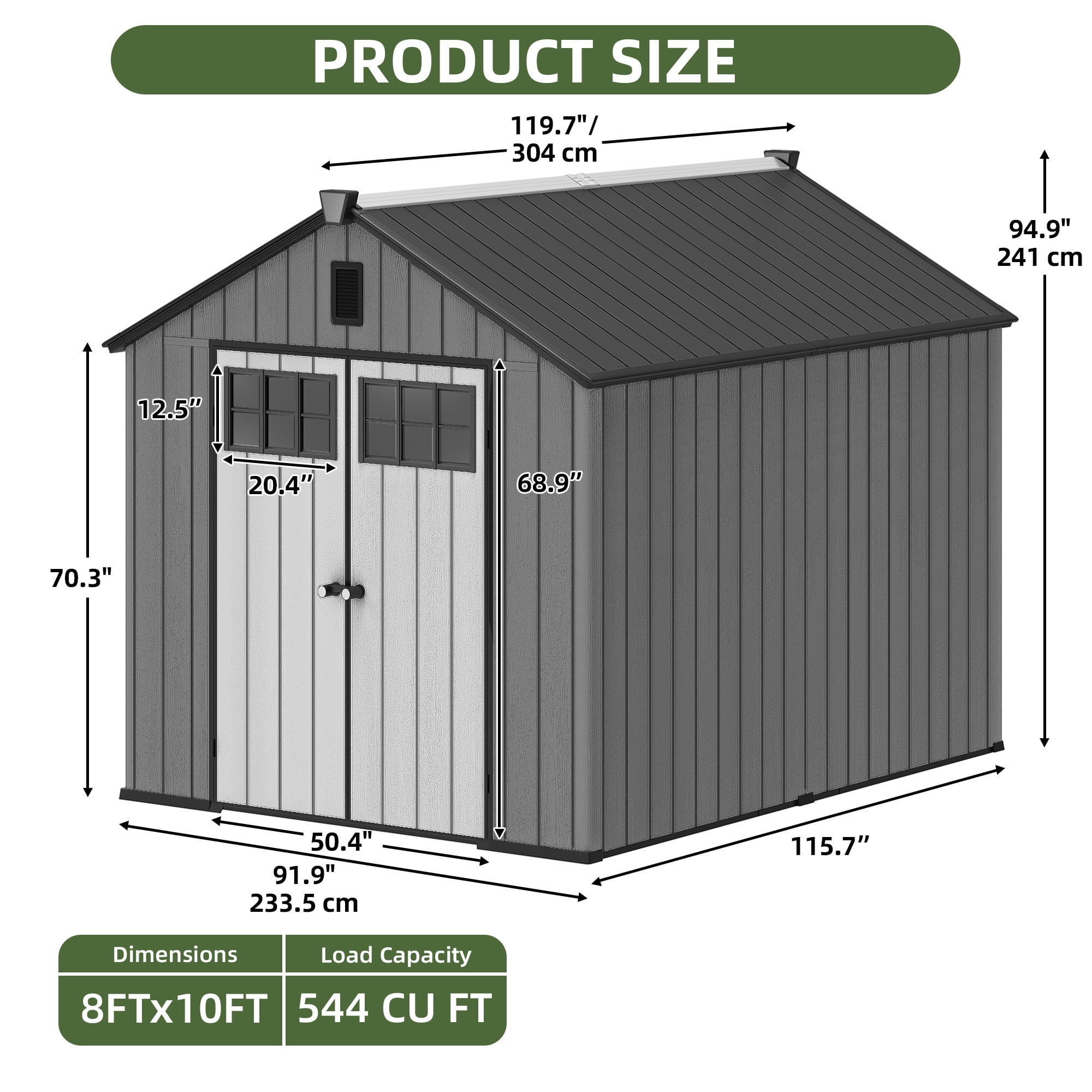 Uforic 8x10 FT Outdoor Storage Shed with Floor, Plastic Garden Shed for Bikes, Tools, and Pool Supplies, Outdoor Resin Shed with Lockable Doors, Windows, and Vents for Patio, Lawn, Backyard, Black
