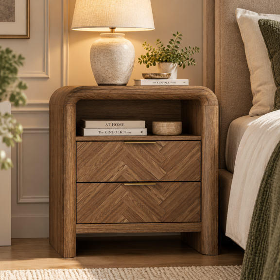 PAPROOS Nightstand with 2 Drawers, Modern Bedside Table with Metal Handles, Small Night Stand for Bedroom, Living Room and Apartment, Walnut