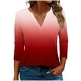 thumbnail image 2 of HOMBOM V-Neck Women Tops Fall Red 3/4 Sleeve Temperament New arrivals Gradient Color T-Shirts, 2 of 6