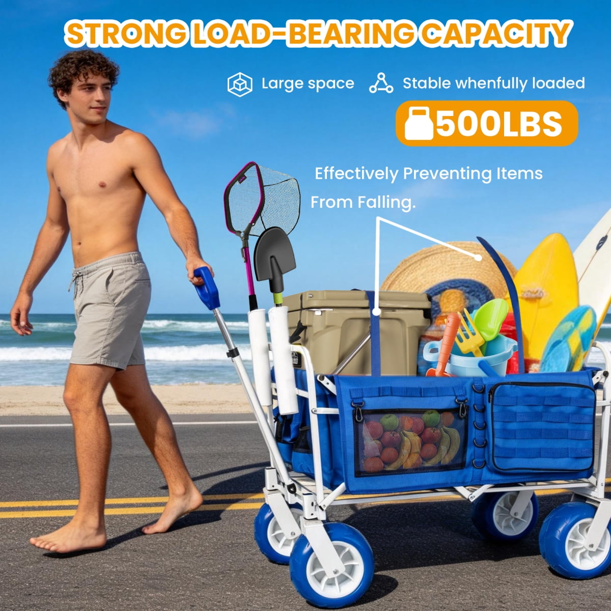 LuckyNote Beach Wagon Cart with Rod Holders and 9" All-Terrain Wheels, 500lbs Heavy Duty Collapsible Folding Wagon, Cooler & Storage Bags for Beach Camping Fishing, Blue
