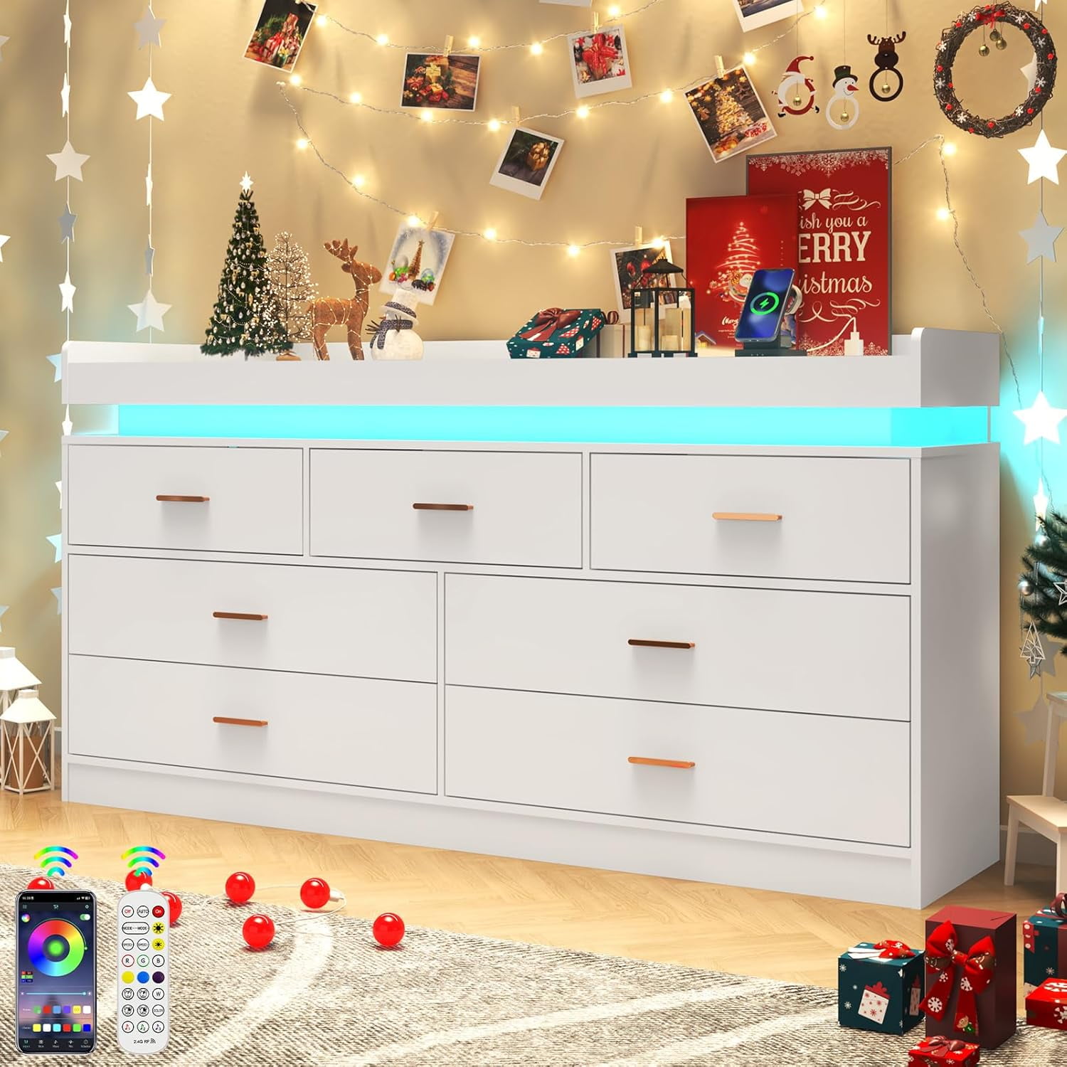 ChVans White Dresser with LED Light and Charging Station, Modern Wood Dresser with Wide Drawers and Metal Handles, 7 drawer dresser for Bedroom, Living Room, Entryway, Hallway
