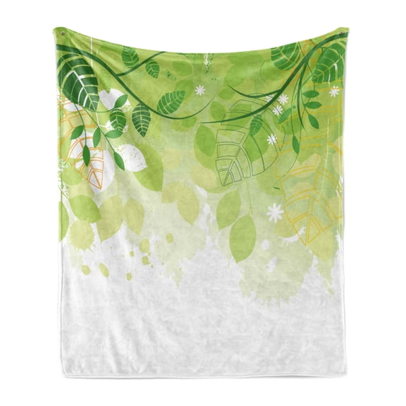 Green Leaf Soft Flannel Fleece Throw Blanket, Flourishing Springtime Abstract Composition with Leaves Fantasy Flora, Cozy Plush for Indoor and Outdoor Use, 50" x 60", Green Yellow White, by Ambesonne