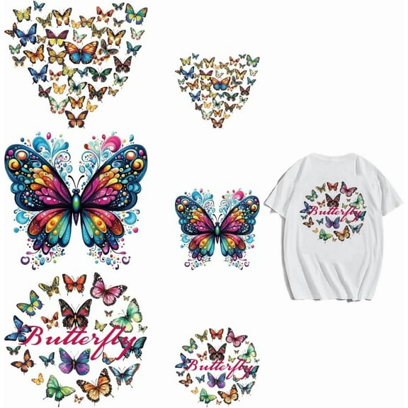 6Pcs Iron on Decals Patches 6 Sizes Colorful Butterflies Iron on Stickers Heart Fly Animal Heat Transfer Stickers Circle Butterflies PET Washable Patches for Clothes Decor