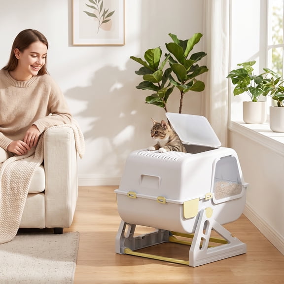 PawHut Semi-Automatic Quick Cleaning Cat Litter Box with Lid, Enclosed Cat Litter Box with Deodorization Bag & Drawer Pan, Yellow